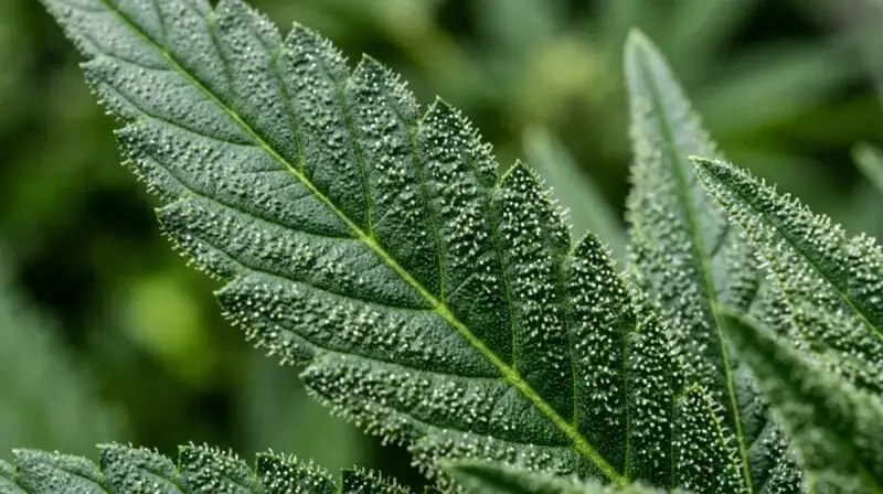 Close-up macro of hemp cannabis leaf showing green texture and detail