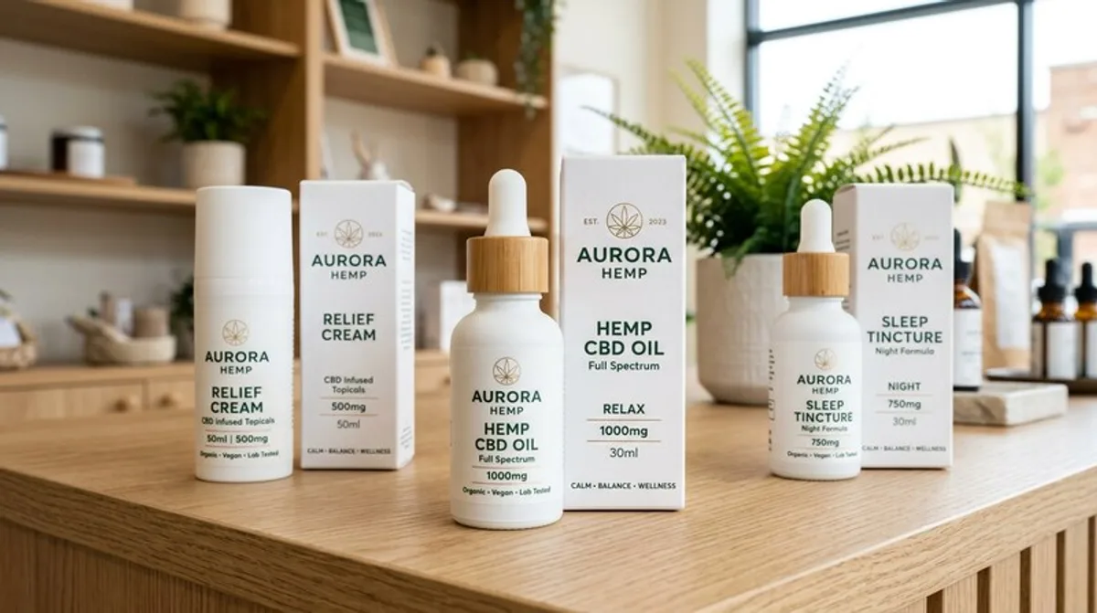 Cannabis products including tinctures and CBD bottles displayed in a modern dispensary