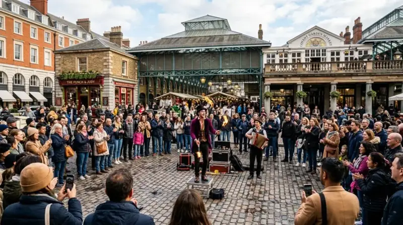 Covent Garden street performers and crowds in central London