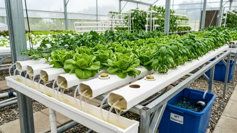 NFT hydroponic system with cannabis plants growing in nutrient film technique channels